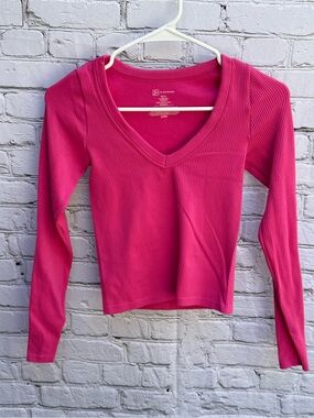 No Boundaries Hot Pink Ribbed V Neck Long Sleeve Top XS